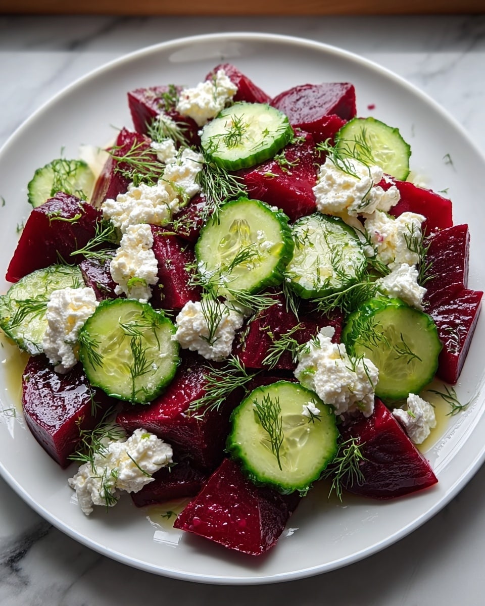 A white plate holds a salad with two main layers: thick, round slices of bright green cucumber at the bottom, and thick, round slices of deep red beetroot layered on top. The cucumber slices have a fresh, juicy look with some seeds showing, while the beet slices are smooth and slightly glossy. Small white crumbles of cheese are scattered unevenly over both vegetables, along with tiny green dill pieces and a light sprinkle of black pepper. The background shows a white marbled texture. photo taken with an iphone --ar 4:5 --v 7