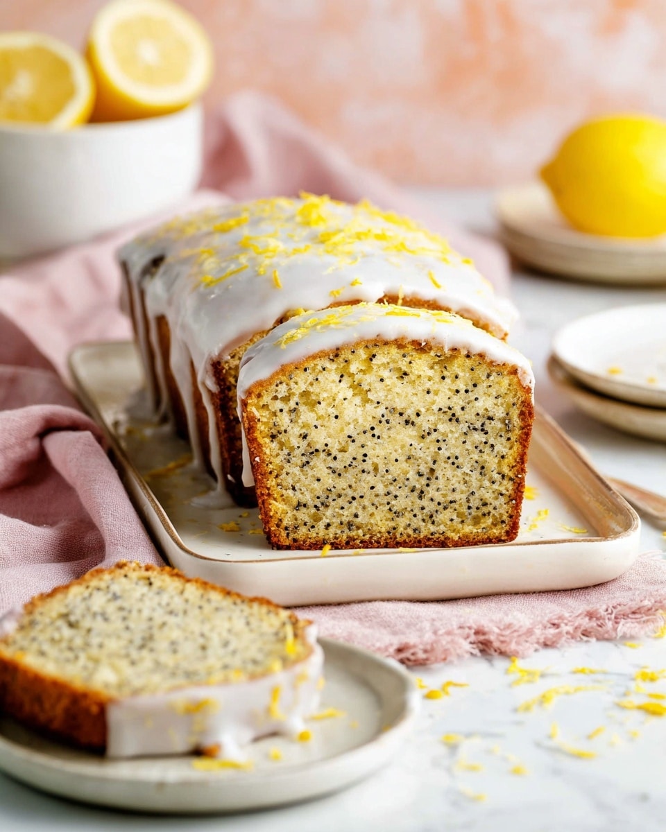 A sliced lemon poppy seed loaf cake sits on a white rectangular plate with a slightly raised edge. The cake has two visible slices in the front, showing a moist yellow interior dotted with black poppy seeds and a golden brown crust. The top is thickly coated with smooth white icing, sprinkled with fine yellow lemon zest, and the icing drips slightly down the sides of the cake. In the foreground, a single slice with icing rests on a white plate. Around the plate is a soft pink cloth and scattered lemon zest on a white marbled surface. In the background, there's a whole peeled lemon and a white bowl with lemon wedges. Photo taken with an iphone --ar 4:5 --v 7