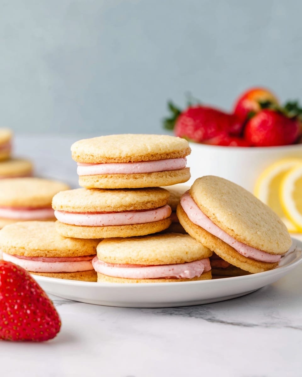 A white plate holds six sandwich cookies stacked casually, each cookie having two soft, light golden-brown round layers with a smooth, light pink cream filling in the middle, visible evenly between the cookie layers. The plate rests on a white marbled surface, with a red strawberry slightly blurred in the foreground and a white bowl filled with bright red strawberries and a lemon slice in soft focus in the background against a light blue backdrop. Photo taken with an iphone --ar 4:5 --v 7
