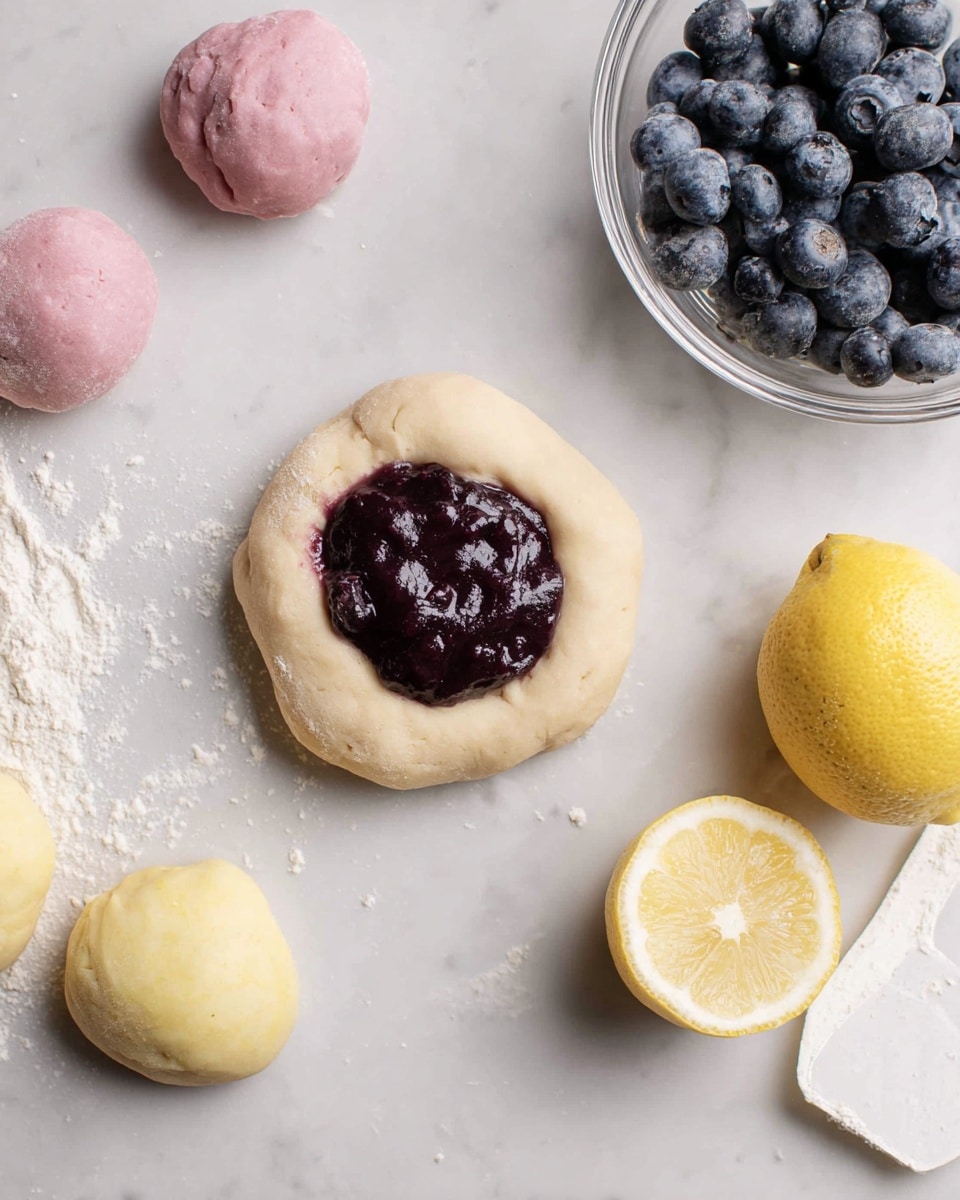 The image shows a white marbled surface with several dough balls in different stages: two small round dough balls at the bottom left, one pale yellow ball, and one pink dough ball at the top left. Near the center is a larger piece of pale dough with a circular indentation filled with dark purple blueberry jam. To the right, there is a clear glass bowl filled with fresh blueberries, and next to it, a halved lemon with bright yellow flesh. In the lower right corner, a white dough scraper rests on the surface. Photo taken with an iphone --ar 4:5 --v 7