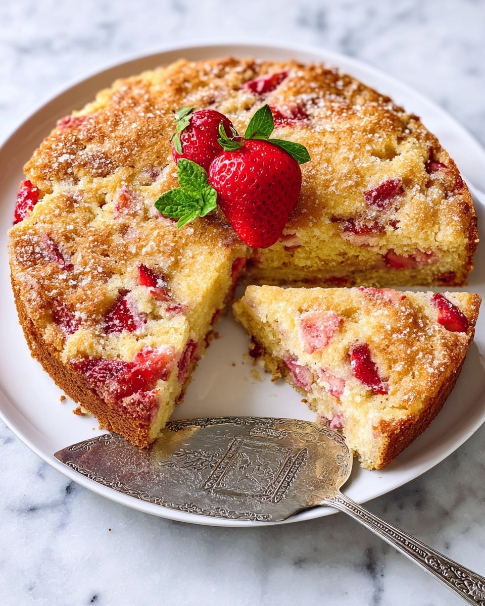 A round single-layer strawberry cake with a golden-brown, crumbly textured top sprinkled with coarse sugar grains, revealing a moist light yellow sponge inside with pieces of red strawberry mixed throughout; a bright red strawberry with a green leafy top rests on the center of the cake, which is placed on a white plate. A vintage silver cake server with engraved patterns lies partially under a cut slice, showing the soft and fluffy cake texture. The setup is on a white marbled surface. photo taken with an iphone --ar 4:5 --v 7
