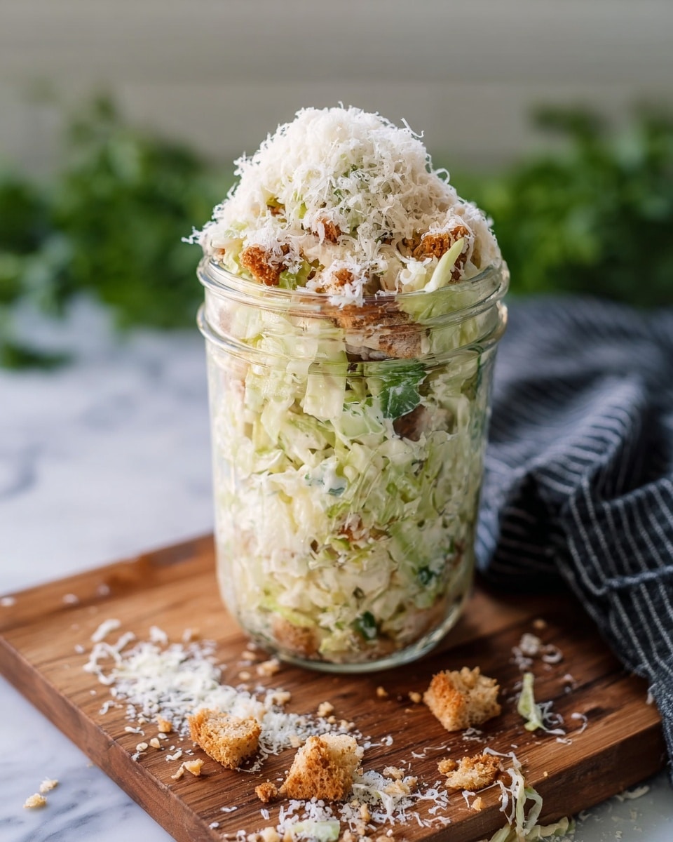 A clear glass jar is filled with a shredded green cabbage salad mixed with small pieces of light brown croutons and dressed with a creamy sauce, creating a textured pale green and brown layer. The jar is heaped with a generous mound of finely grated white cheese on top, some spilling over slightly. The jar sits on a wooden cutting board with scattered bits of grated cheese around it. A dark striped cloth is casually placed beside the jar, and blurred green herbs are seen in the background, all set on a white marbled surface. Photo taken with an iphone --ar 4:5 --v 7