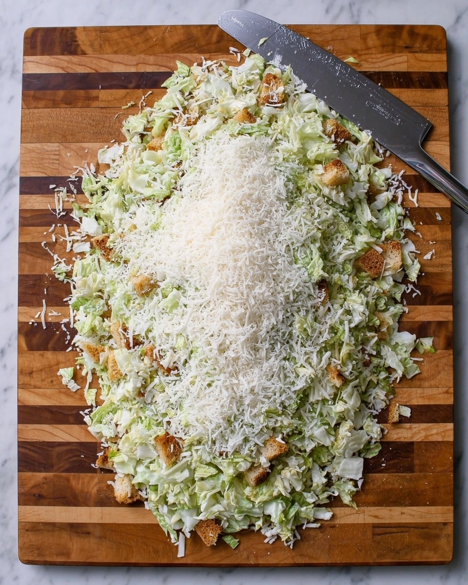 The image shows a pile of finely chopped cabbage spread in an oval shape on a wooden cutting board with a striped pattern. The chopped cabbage is light green with some white parts, mixed with small chunks of golden brown toasted bread scattered throughout. On top of this, there is a thick layer of finely grated white cheese, covering the middle part of the pile evenly. A knife with a shiny blade and a black handle is placed on the top right corner of the cutting board. The scene is set on a white marbled texture surface. Photo taken with an iphone --ar 4:5 --v 7