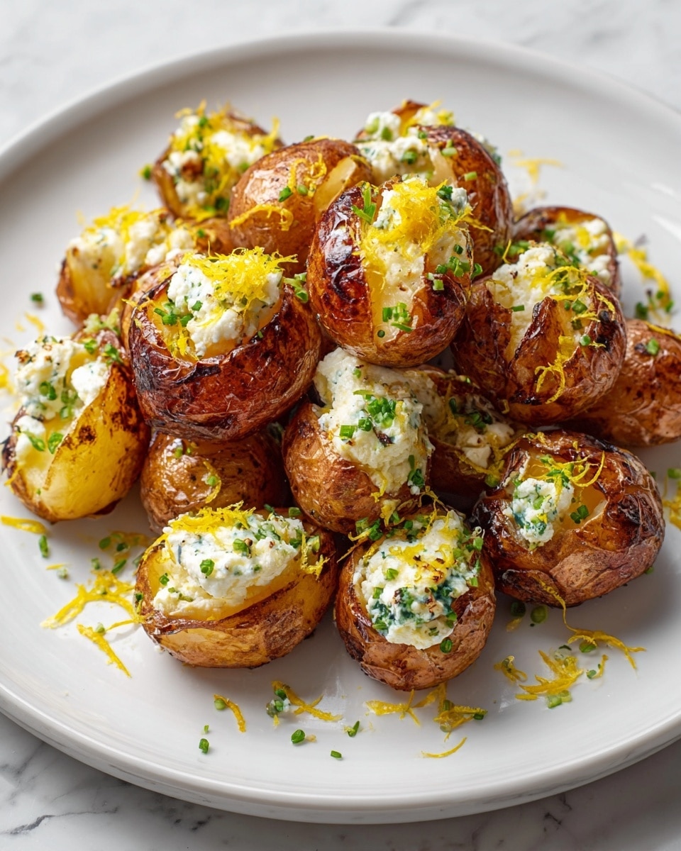 The dish shows a pile of small roasted potatoes on a white plate, each split open on top to reveal a creamy white cheese filling mixed with finely chopped green herbs. The potatoes have a golden-brown crispy skin with some darker toasted spots, giving them a textured look. Thin strands of bright yellow lemon zest are spread evenly on and around the potatoes, adding a fresh color contrast. The plate rests on a white marbled surface, making the food stand out clearly. photo taken with an iphone --ar 4:5 --v 7