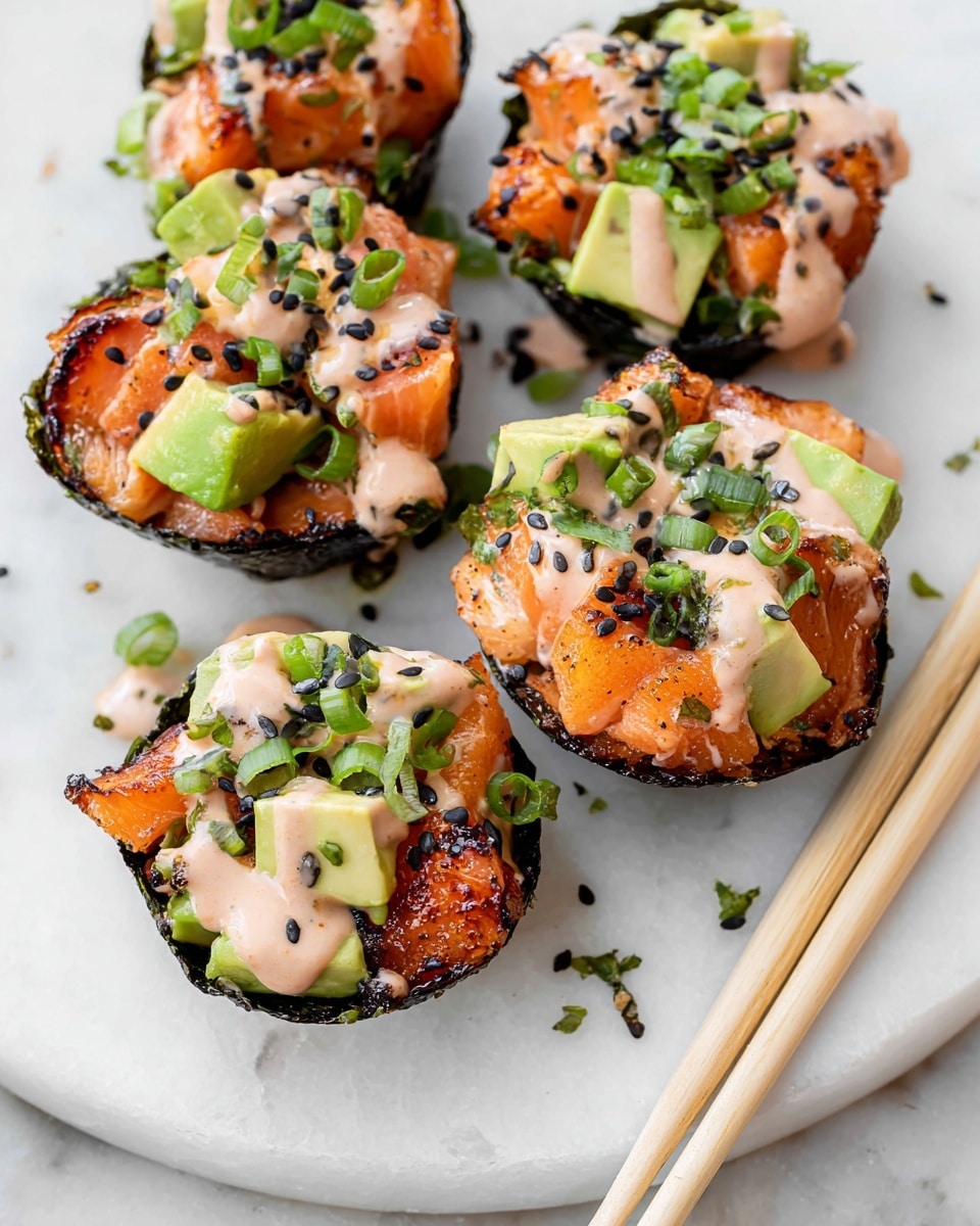 The image shows five small nori seaweed cups arranged on a white marble surface, each filled with layers of ingredients. The first layer inside the cup is bright orange cooked salmon chunks with a slightly crispy texture. On top of the salmon, there are small cubes of light green avocado. The entire filling is drizzled with a creamy, light pink sauce and sprinkled with black and white sesame seeds and finely chopped green onions. A pair of light wooden chopsticks rests on the right side of the plate. Photo taken with an iphone --ar 4:5 --v 7