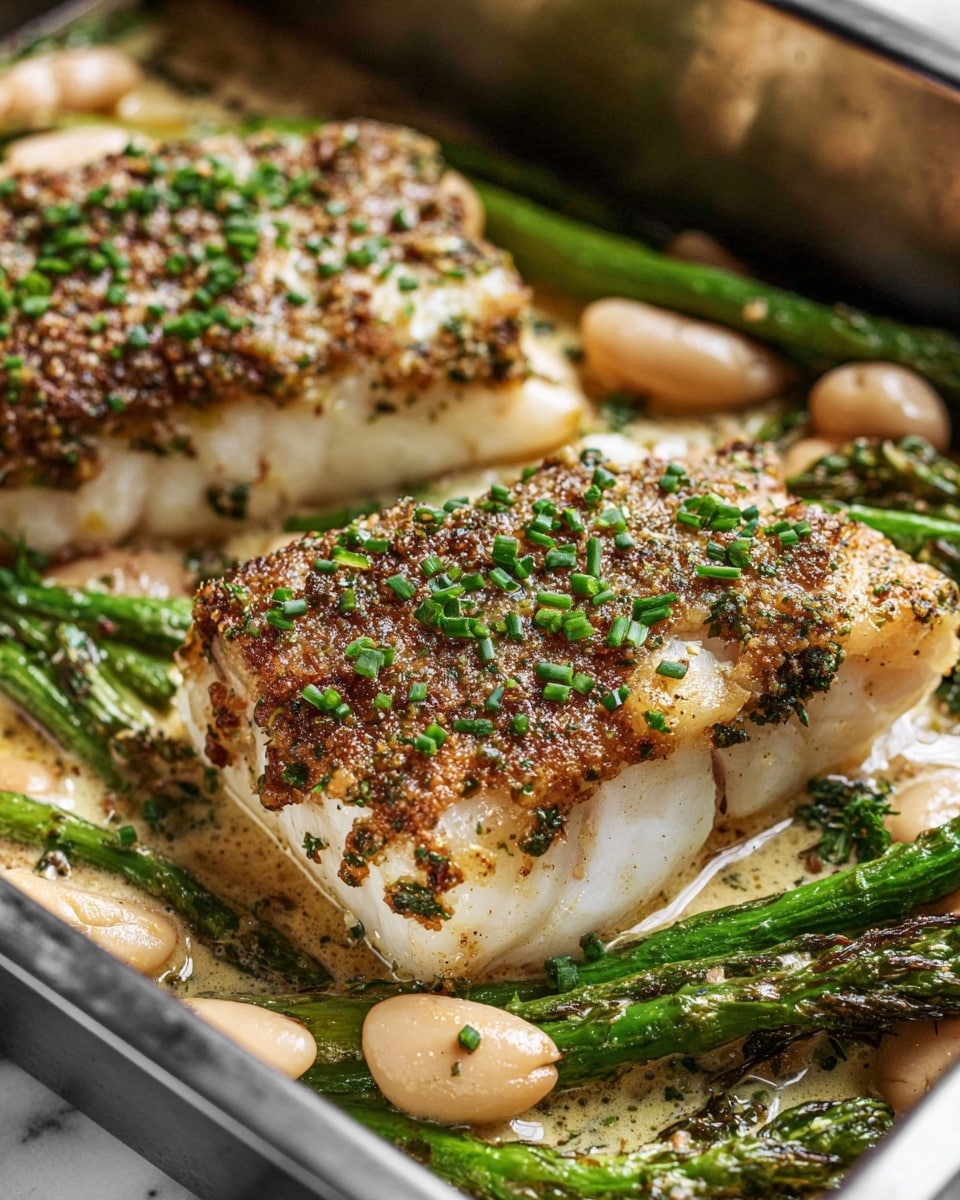 A black air fryer basket holds a silver rectangular tray filled with a creamy dish. At the top, there are four grilled, herb-covered white fish fillets with green flecks of seasoning. Underneath and around the fish, there is a mix of green asparagus pieces and large white beans, all coated in a light creamy sauce and sprinkled with finely chopped green herbs. The whole setup sits on a white marbled table. Photo taken with an iphone --ar 4:5 --v 7