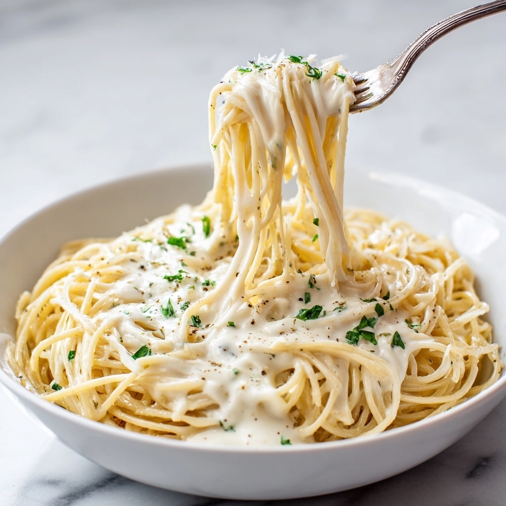 The image shows a close-up of a large amount of creamy spaghetti pasta covered in a thick, smooth white sauce. The noodles are long, thin, and slightly tangled, with a few small green herb pieces scattered on top for decoration. The pasta is inside a white bowl, and a fork is lifting some of the spaghetti from the bowl. The background is a white marbled surface. photo taken with an iphone --ar 4:5 --v 7