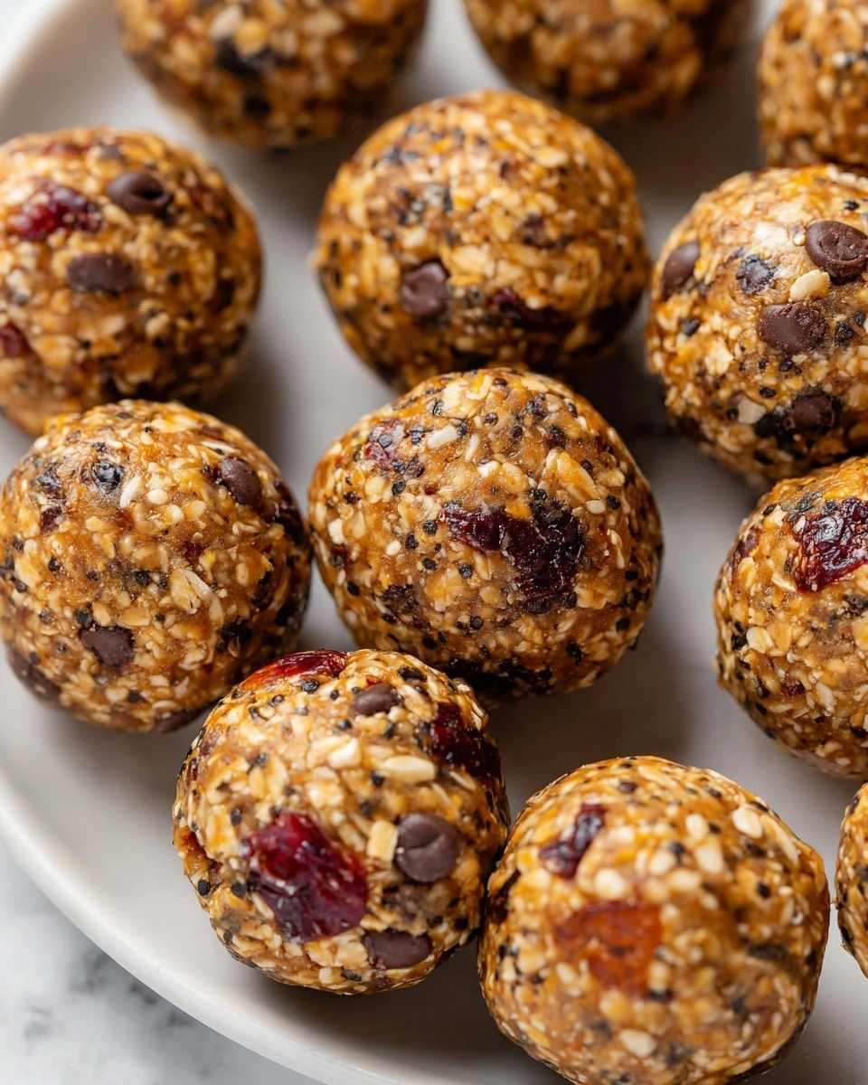 The image shows a white rectangular tray filled with round energy balls arranged close together. Each ball has a textured surface with a golden brown color mixed with visible pieces of oats, seeds, and dried red berries, creating a speckled look of light and dark bits. The balls appear dense and slightly glossy, with some having darker chocolate chunks embedded throughout. The tray rests on a white marbled surface, giving the scene a clean, bright look. photo taken with an iphone --ar 4:5 --v 7