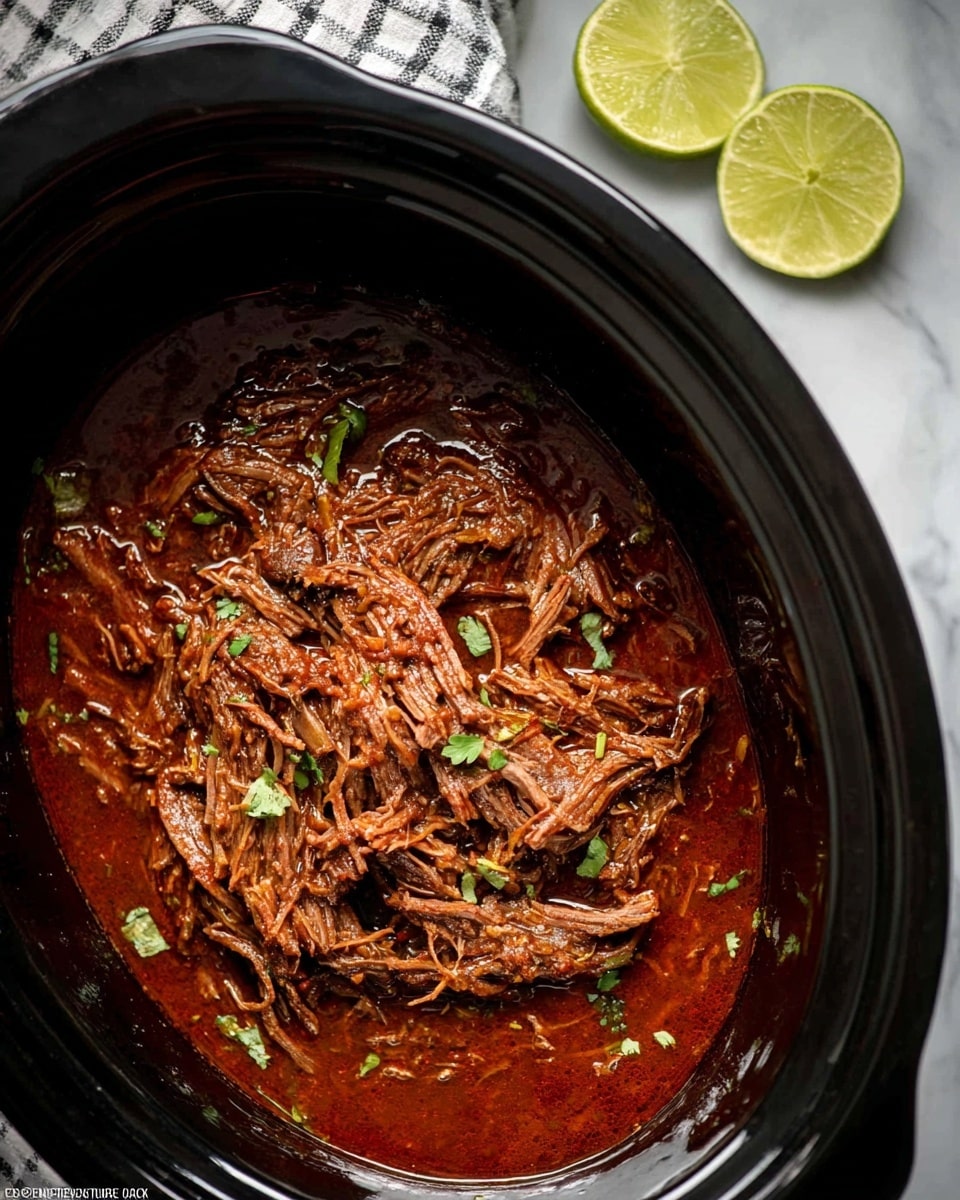 Four soft yellow corn tortillas folded and filled with shredded brown meat form the bottom layer in this image. Above the meat, there is a layer of small bright red tomato chunks mixed with finely chopped purple onion and green cilantro leaves. Crumbled white cheese is sprinkled on top of the tomato mixture. Around the white plate, there are several lime wedges adding a fresh green touch. The whole scene is set on a white marbled texture. Photo taken with an iphone --ar 4:5 --v 7