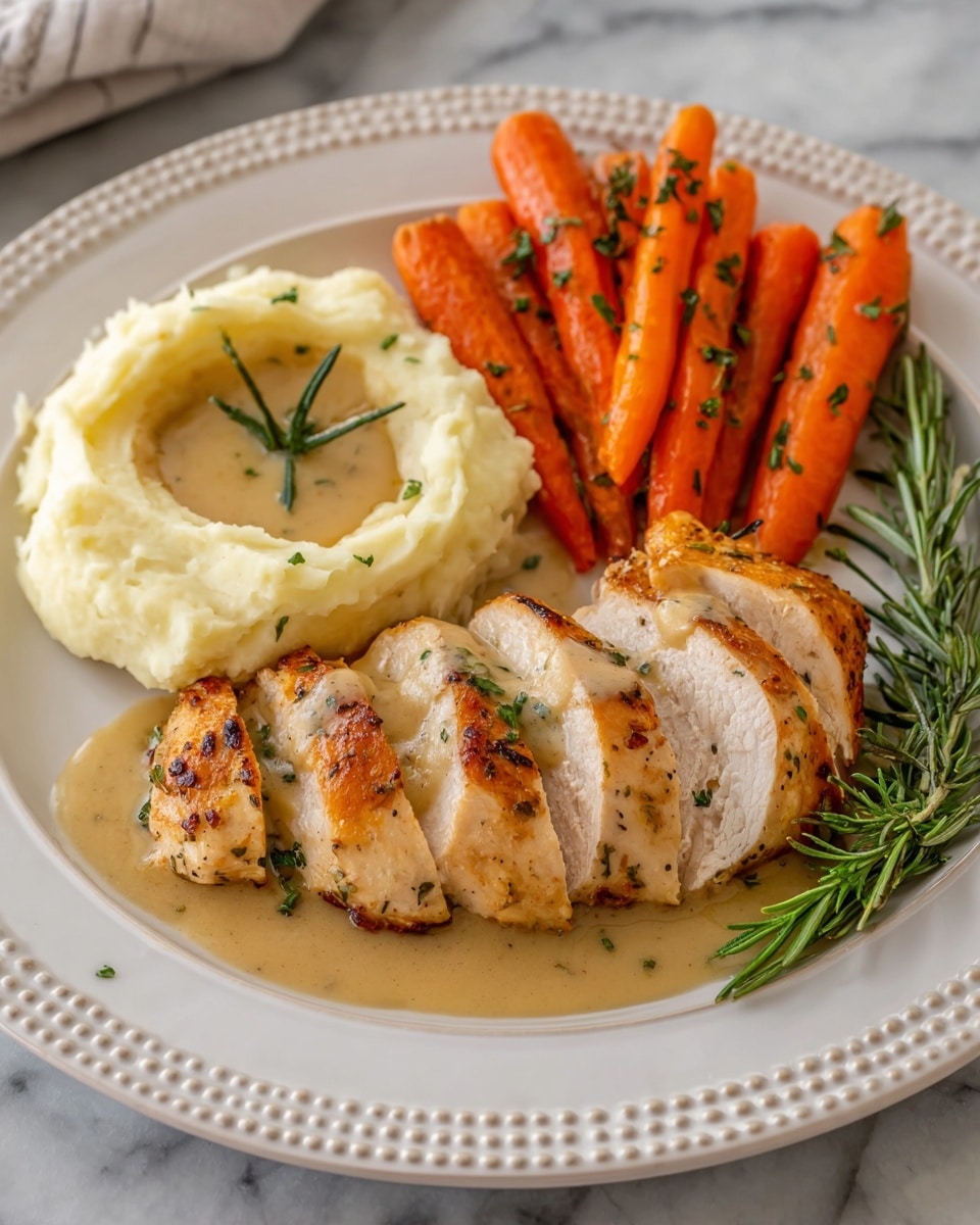 The image shows a white plate with three main parts on a white marbled surface: on the left, creamy white mashed potatoes topped with light beige gravy and small green herb sprigs, arranged in a rough circle; on the right, a pile of bright orange glazed carrots with a slight shine and flecks of green herbs; in the front center, four thick slices of golden-brown grilled chicken breast covered in glossy beige gravy with a few green herb pieces. A fresh rosemary sprig lies under the chicken on the plate's edge. photo taken with an iphone --ar 4:5 --v 7