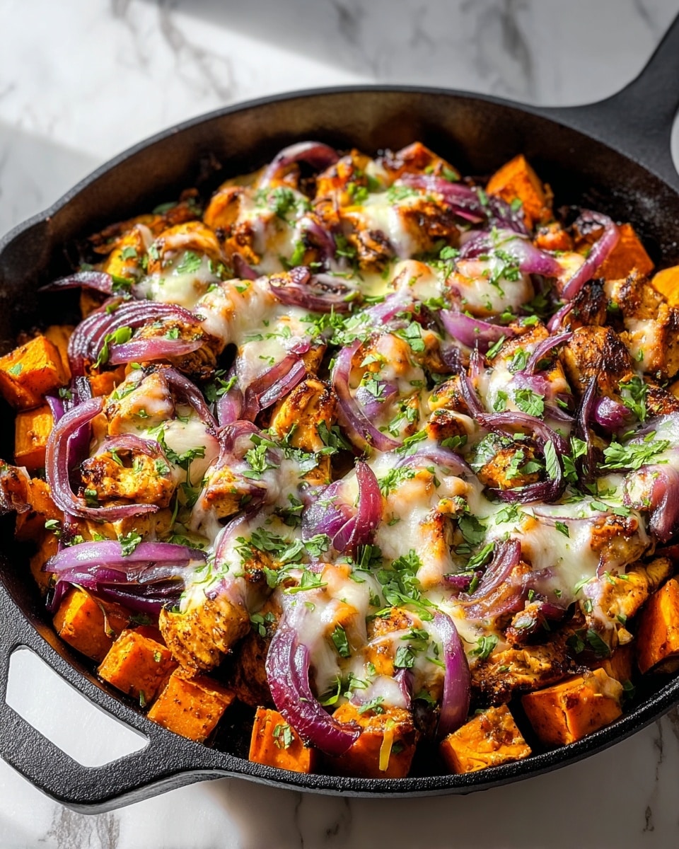 A black cast iron skillet filled with a colorful dish showing three main layers: the bottom layer is roasted orange sweet potato cubes, the middle layer is grilled chicken pieces browned with seasoning, and the top layer is melted white cheese draped over the chicken, mixed with sliced purple onions and chopped green herbs sprinkled all around. The skillet sits on a white marbled surface with soft shadows around it. photo taken with an iphone --ar 4:5 --v 7