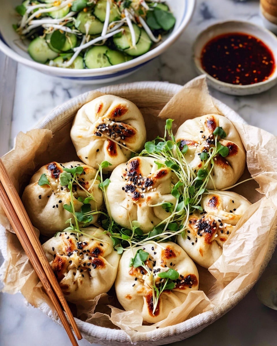 The image shows a white round basket lined with light brown parchment paper, filled with six steamed buns that are light beige with grill marks and small brown spots from cooking. Each bun has a twisted, pinched top with folds, and they are garnished with small green leaves, thin green sprouts, and black and white sesame seeds scattered over the buns. Two wooden chopsticks rest on the edge of the basket. In the background, a white bowl holds a cucumber salad with dark green cucumber chunks, green herbs, white sprouts, and black sesame seeds. A small white bowl with a dark red sauce sits nearby on a white marbled surface. Photo taken with an iphone --ar 4:5 --v 7