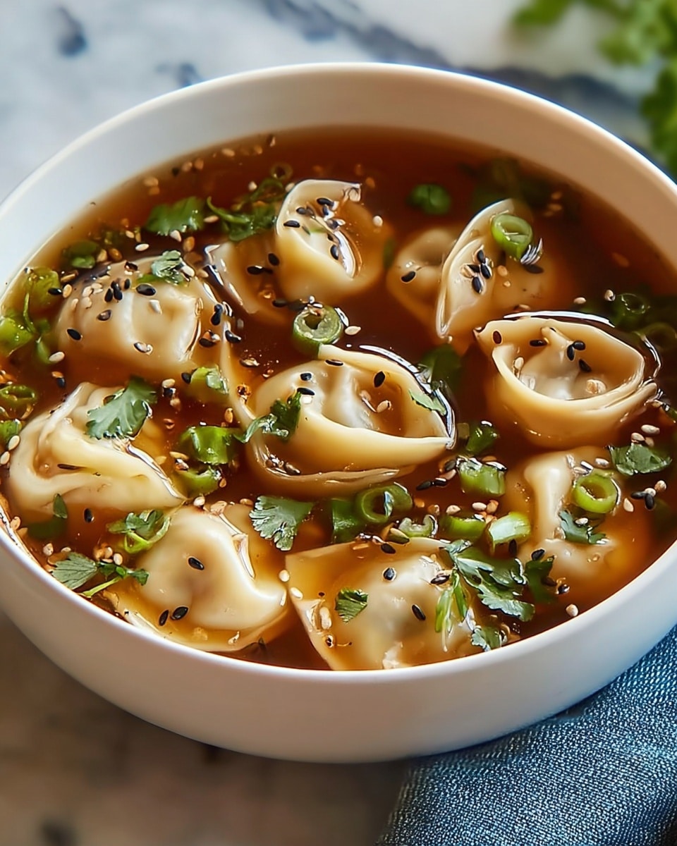 A close-up view of a white bowl filled with clear brown broth, with seven light beige dumplings floating on top, each dumpling showing delicate folds and soft textures. The soup is sprinkled with bright green chopped scallions and scattered green peas, plus tiny white sesame seeds floating on the surface. The bowl sits on a textured cloth over a white marbled background, giving a clean and fresh look. photo taken with an iphone --ar 4:5 --v 7