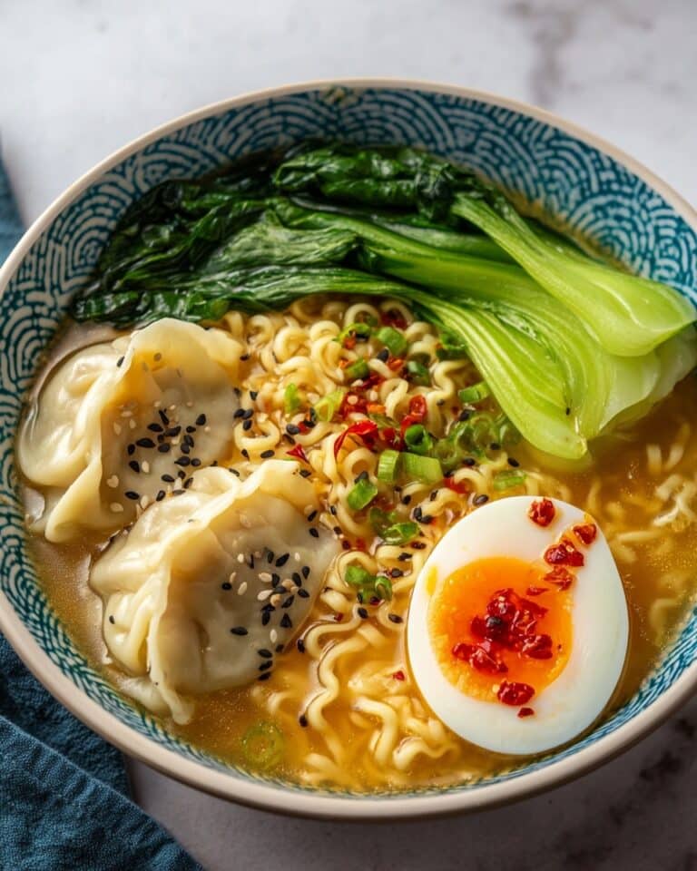 Dumpling Ramen Bowl with Soft-Boiled Eggs and Fresh Greens Recipe