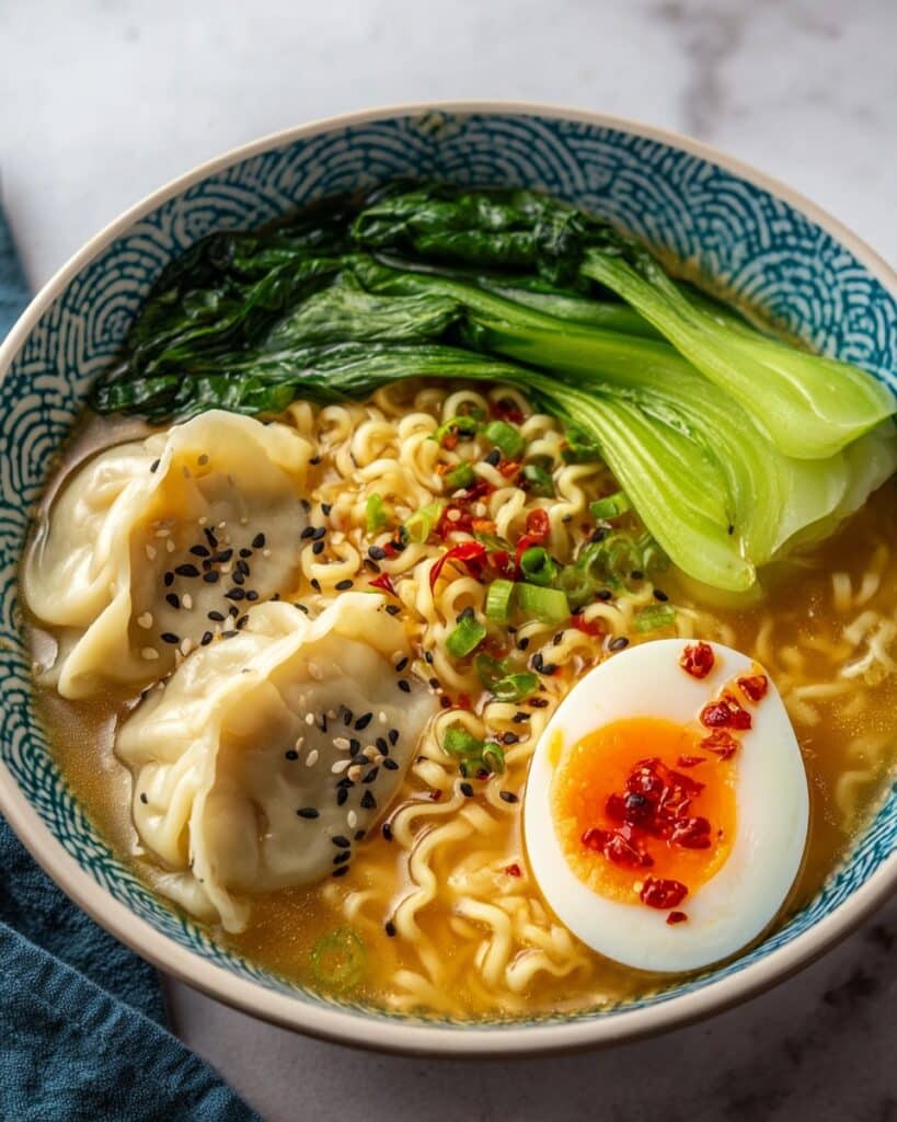 Dumpling Ramen Bowl with Soft-Boiled Eggs and Fresh Greens Recipe