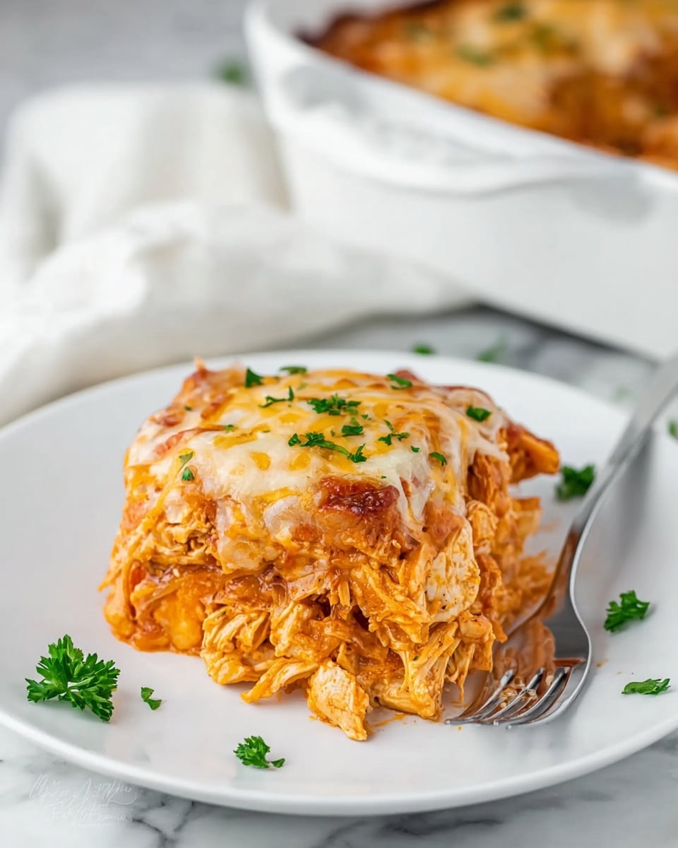 A close-up of a layered cheesy enchilada shows thick layers stacked together. The top layer is golden yellow melted cheese, melting and stretching down to the second layer, which contains shredded chicken mixed with a reddish-orange sauce, visible in a rich, saucy texture. Under the chicken layer is a soft white cheese layer, partially covered by the top cheese. The dish is garnished with small green herb leaves. The background is a white marbled texture, focusing purely on the gooey, cheesy, meaty layers. photo taken with an iphone --ar 4:5 --v 7