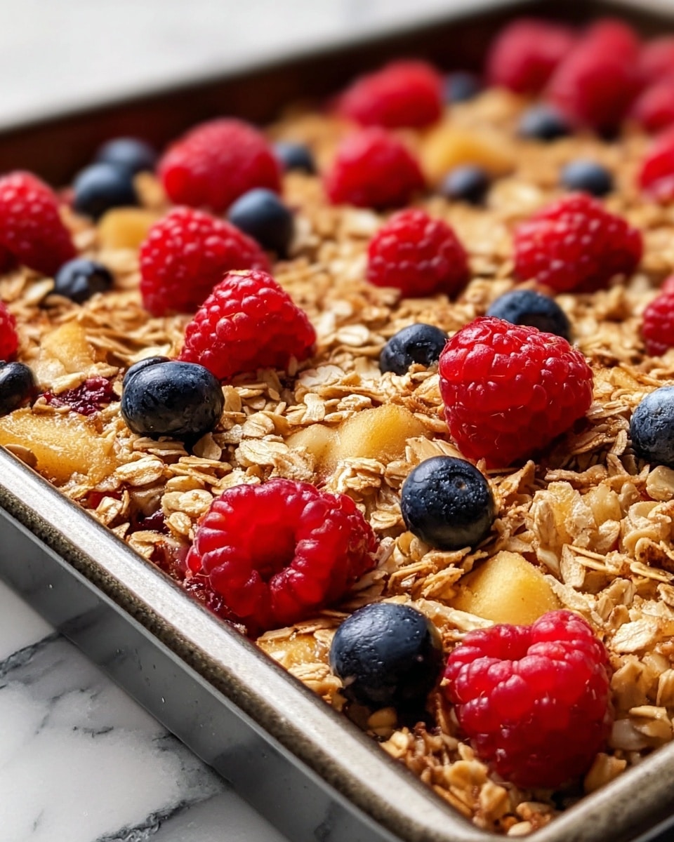 A close-up view of a baked oat dish in a dark baking tray with a rough texture. The top layer is made of golden brown rolled oats mixed with small chunks of soft, light beige cooked apple pieces, scattered bright red raspberries, and deep blue blueberries. The oats have a slightly crumbly texture and a few shiny spots from syrup or honey glaze. The tray sits on a white marbled surface. photo taken with an iphone --ar 4:5 --v 7