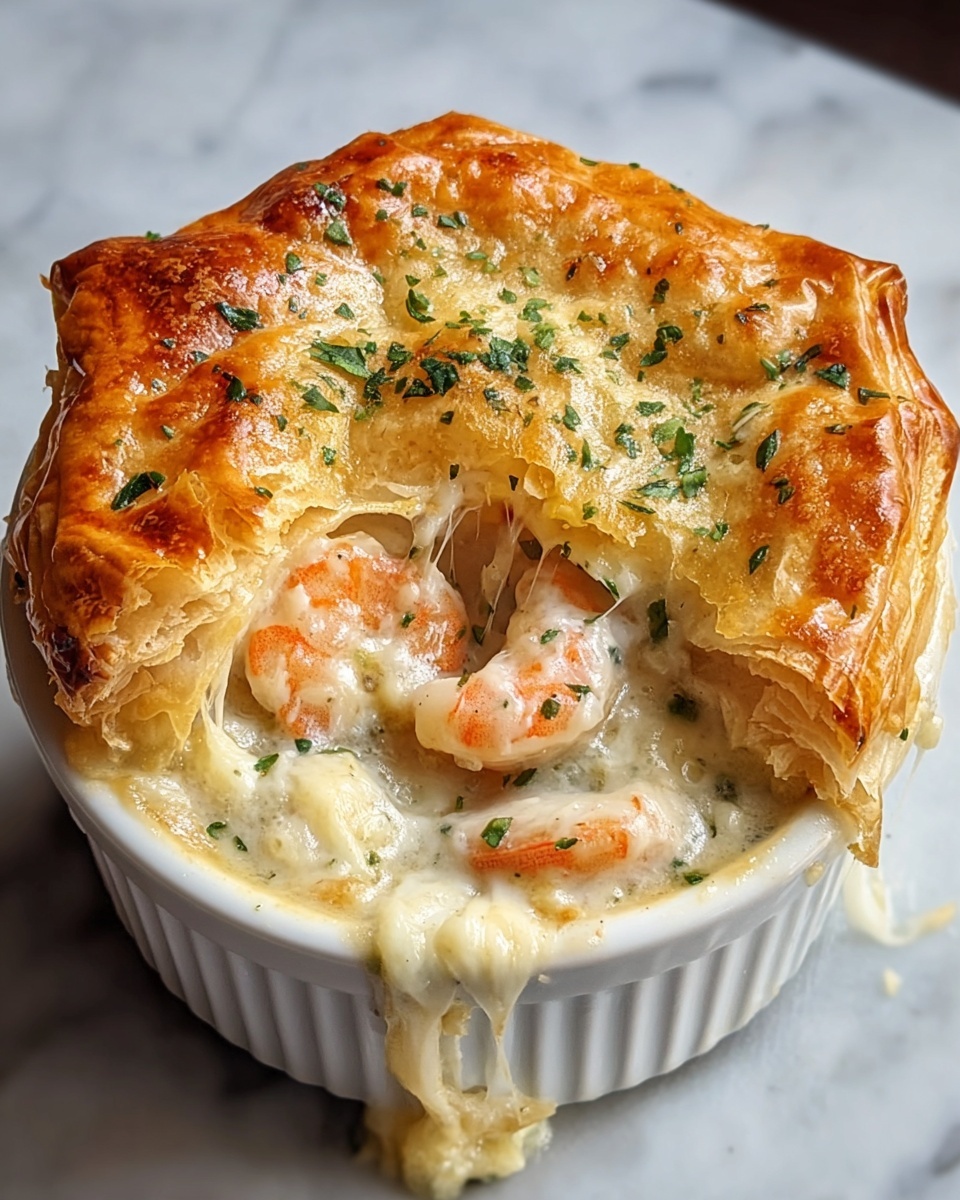 A white ceramic ramekin filled with a layered baked dish, showing a golden brown crust on top with melted cheese that is slightly bubbly and sprinkled with chopped green herbs. Underneath the crust, a creamy white sauce holds pink shrimp pieces and melted cheese strings stretching as if just spooned. The ramekin rests on a white cloth on a white marbled surface, with a metal handle visible on one side. photo taken with an iphone --ar 4:5 --v 7