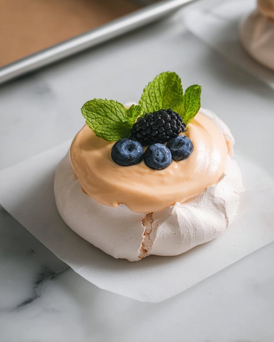 The image shows six small pavlova nests on a white marbled surface. Each pavlova has a base layer of white, airy, cracked meringue shaped like a round hollow shell. Inside each shell is a smooth, shiny layer of light orange cream filling the center. On top of the cream, there are clusters of dark blueberries and blackberries, some sprinkled lightly with powdered sugar. A fresh green mint leaf decorates each pavlova near the berries. Blueberries and mint leaves are scattered around on the marbled surface. A white bowl filled with blueberries is placed on the right side, and a woman's hand is gently placing some berries on the pavlova nests. In the background, there is a metal baking tray with more pavlovas resting on it. Photo taken with an iphone --ar 4:5 --v 7