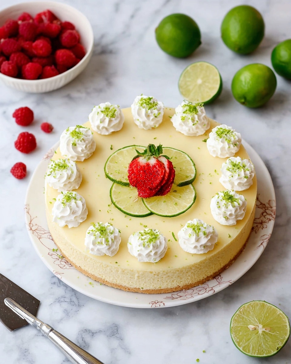 A round lemon-colored cake with smooth, creamy texture, placed on a white plate with a subtle floral pattern. The cake is decorated with a ring of white whipped cream dollops evenly spaced around the edge, each topped with a small green lime wedge and sprinkled with lime zest. In the center, there are thin lime slices arranged beneath a bright red sliced strawberry with a small green leaf garnish. The cake sits on a white marbled surface surrounded by whole and halved green limes, a bowl of bright red raspberries, and a silver cake server at the bottom left. Photo taken with an iphone --ar 4:5 --v 7