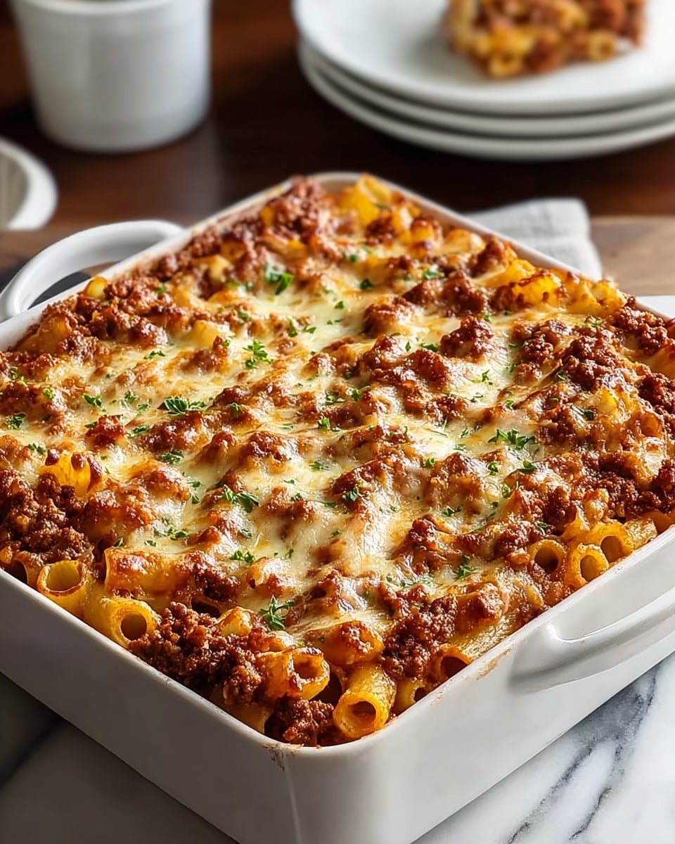 The dish is a baked pasta casserole in a white square ceramic dish with handles. It has many layers visible from the top. The bottom layer is a rich, chunky ground meat sauce with bits of browned meat and a reddish-brown tomato base. Above that, tube-shaped pasta is arranged closely together, coated in the sauce. The top layer is a generous covering of melted cheese, golden and bubbly with some brown spots. Small green herb pieces are sprinkled over the cheese for color. The background shows a white marbled surface and a blurred white plate stacked with some food in the far corner. photo taken with an iphone --ar 4:5 --v 7