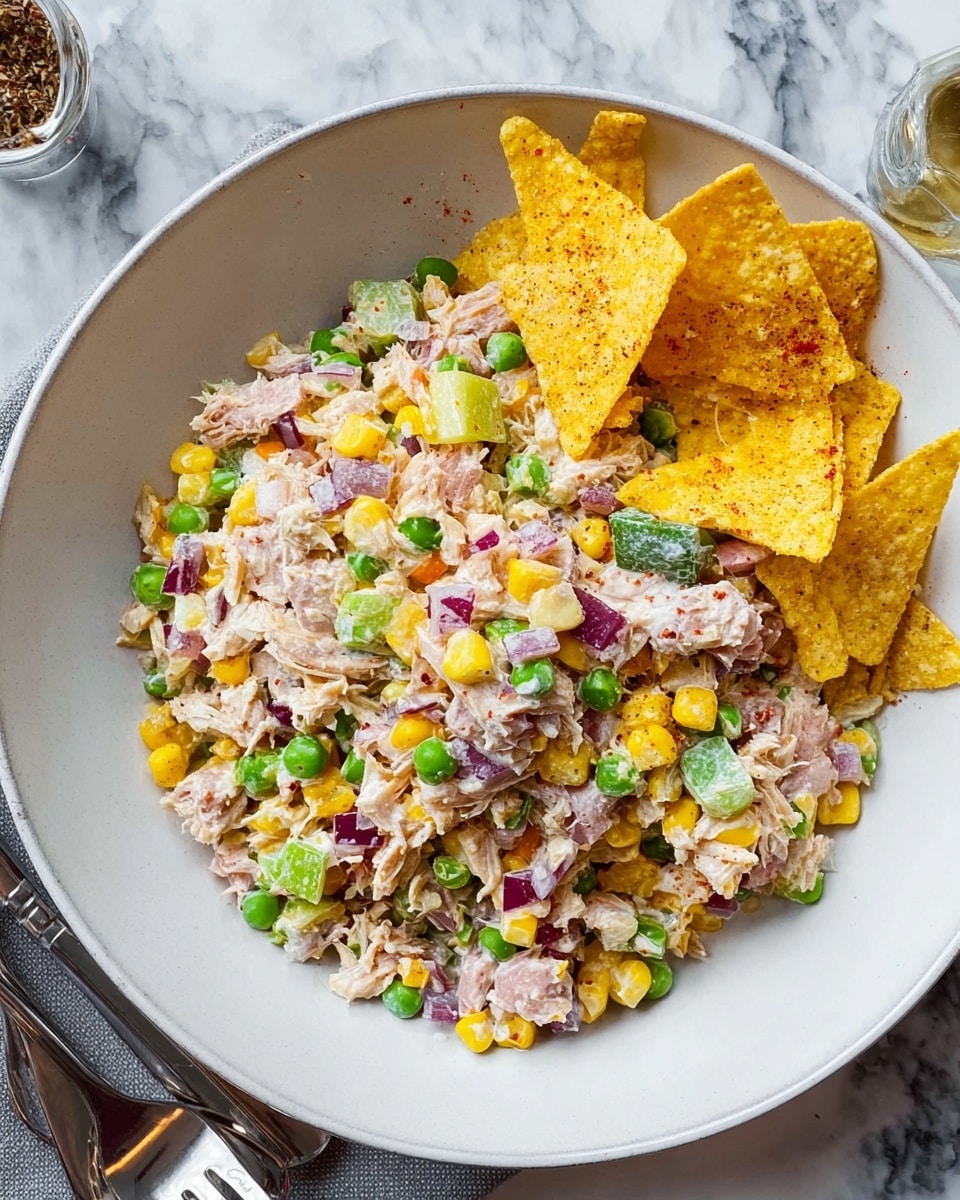The dish is a colorful mix served in a white bowl filled with several layers and textures. The base layer seems to be scattered crushed yellow corn chips with visible crunchy edges. Over this, there is a mix of shredded light pink tuna and small bright green peas. Interspersed are small yellow corn kernels and finely chopped red onion bits adding a deep purple pop of color. The salad also includes tiny diced white onions and green pickle pieces. Some creamy white dressing coats parts of the salad, giving a smooth texture. On the right side, three large whole yellow corn chips slightly dusted with seasoning are placed resting on the salad. The bowl is on a white marbled surface with some utensils kept nearby. Photo taken with an iphone --ar 4:5 --v 7