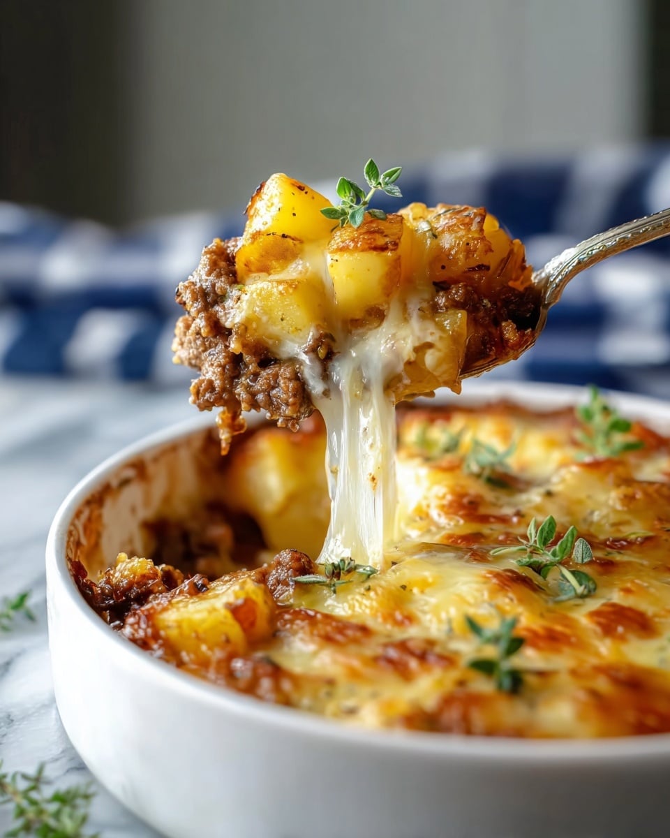 The dish is served in a white bowl filled with two main layers: on the bottom are golden yellow, browned potato chunks with crispy edges, and on top is a layer of cooked ground beef with a rich brown color. Melted light yellow cheese is drizzled unevenly over both the potatoes and beef, creating a glossy texture. Small green herb pieces are sprinkled on top, adding a fresh contrast to the warm tones. The bowl sits on a soft, textured white marbled surface with a blurred white and red cloth in the background. photo taken with an iphone --ar 4:5 --v 7