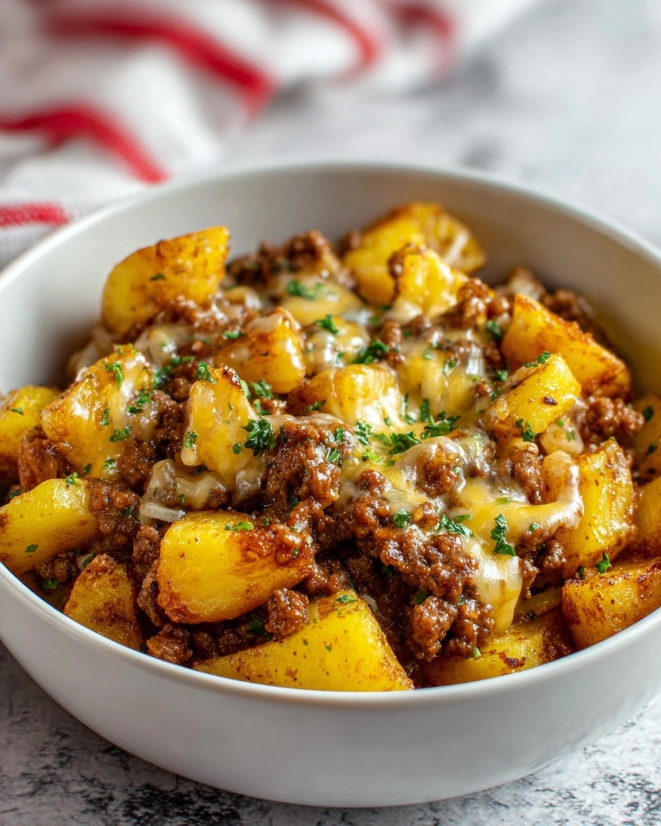 The image shows a close-up of a spoon lifting a portion of a layered dish from a white bowl on a white marbled surface. The dish has three visible layers: golden brown crispy cheese on top with browned potato chunks that have a soft texture, a middle layer of rich melted cheese stretching from the bowl to the spoon, and a bottom layer of cooked ground meat mixed with herbs. Small green herb sprigs are scattered on top, adding a touch of color. The focus is sharp on the spoonful showing the melted cheese stretching, while the background is softly blurred. Photo taken with an iphone --ar 4:5 --v 7