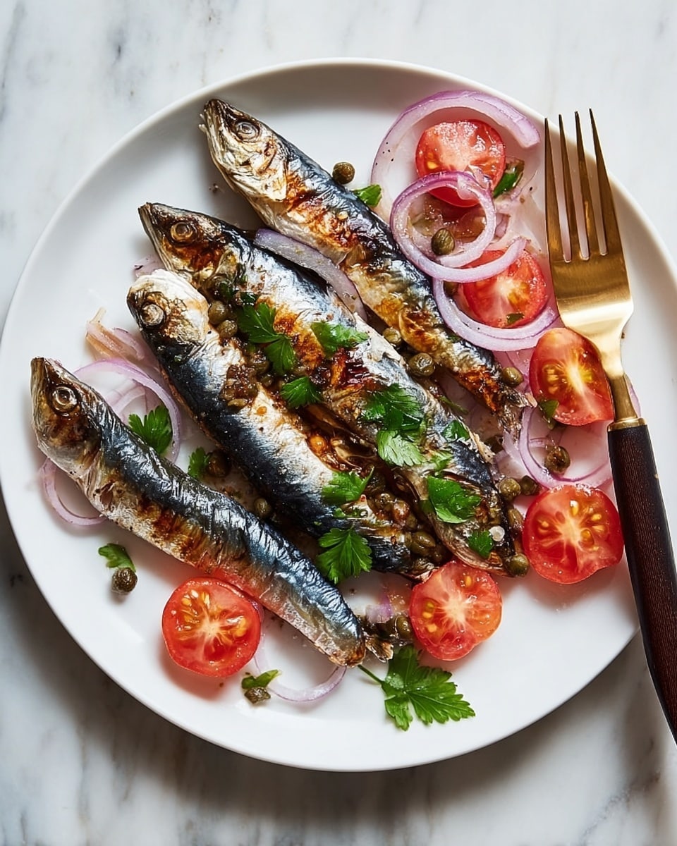 A white plate holds four grilled sardines arranged diagonally from bottom left to top right, their skin charred with dark brown and silver-blue shades. Surrounding the sardines are thin, pale purple rings of raw red onion and bright red tomato halves scattered mostly on the right side. Green capers are sprinkled over the fish and vegetables, adding small pops of color. Some fresh green parsley leaves rest on top near the middle sardine. A gold fork with a dark wooden handle lies on the right edge of the plate, partly resting on the tomatoes. The plate sits on a white marbled surface. Photo taken with an iphone --ar 4:5 --v 7