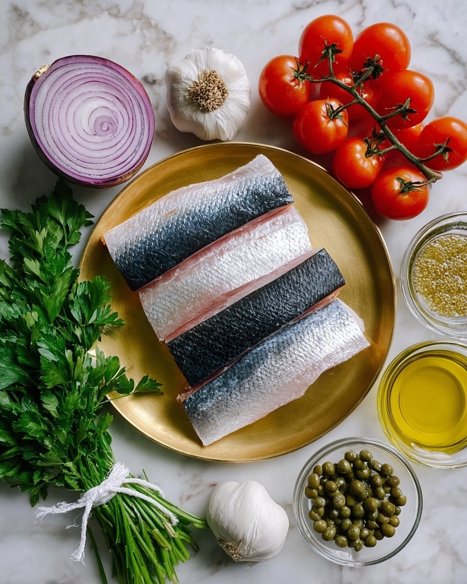 The image shows three raw fish fillets with shiny silver skin on top, placed neatly in a row on a round golden plate in the center. Around the plate, from left to right, there is a bunch of fresh green parsley tied with white string at the bottom, half a sliced purple onion with white rings at the core, a cluster of ripe red cherry tomatoes still on vine, two whole white garlic bulbs, a clear glass bowl with green capers, and two small glass bowls with yellow and golden oil. All sits on a white marbled surface. photo taken with an iphone --ar 4:5 --v 7