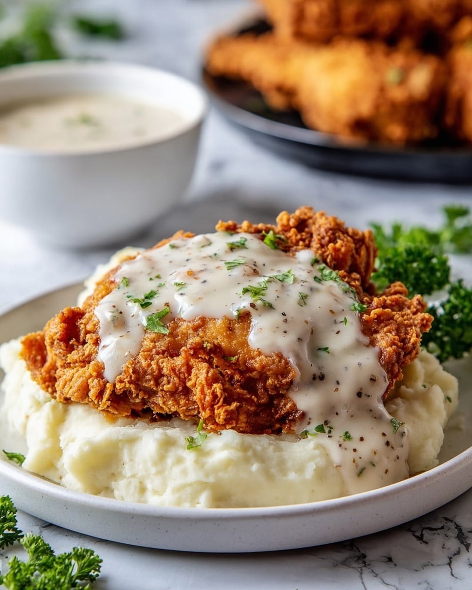 A white plate holds a serving of mashed potatoes with a smooth, creamy texture and a pale off-white color, forming the base layer. On top sits a large piece of crispy fried chicken, golden brown with a very crunchy, crinkled coating. The chicken is covered with a thick layer of white gravy that is creamy and slightly dripping over the edges, sprinkled with black pepper and small green herb pieces. The background features some sprigs of green parsley and a black plate filled with more fried chicken, all placed on a white marbled surface. photo taken with an iphone --ar 4:5 --v 7