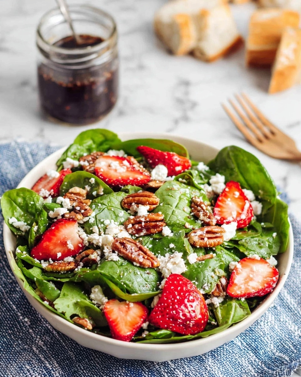 A wooden bowl filled with a fresh salad on a white marbled surface, layered with bright green spinach leaves, vibrant sliced red strawberries scattered evenly, crumbled white feta cheese sprinkled generously, small crunchy brown pecan pieces spread throughout, and thinly sliced red onions mixed in, all looking fresh and colorful with a jar of dark dressing and a silver spoon nearby, a blue and white striped cloth under the bowl, the overall scene bright and inviting. photo taken with an iphone --ar 4:5 --v 7