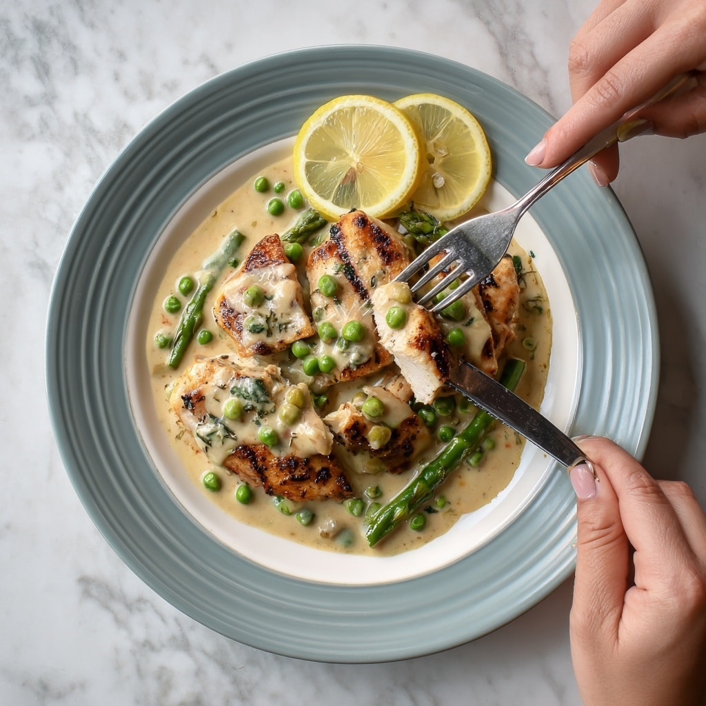 The image shows a white plate with a light blue rim holding a dish that has three main layers. The bottom layer is grilled chicken breast pieces, golden brown with some char marks. On top of the chicken, there is a creamy sauce with a light beige color covering the meat. Scattered throughout the sauce are green peas and several asparagus spears, bright green and slightly tender looking. Two thin lemon slices rest on the side of the plate, near the edge. A silver fork and knife, held by a woman's hand, are cutting into one of the chicken pieces. The background features a white marbled texture. Photo taken with an iphone --ar 4:5 --v 7