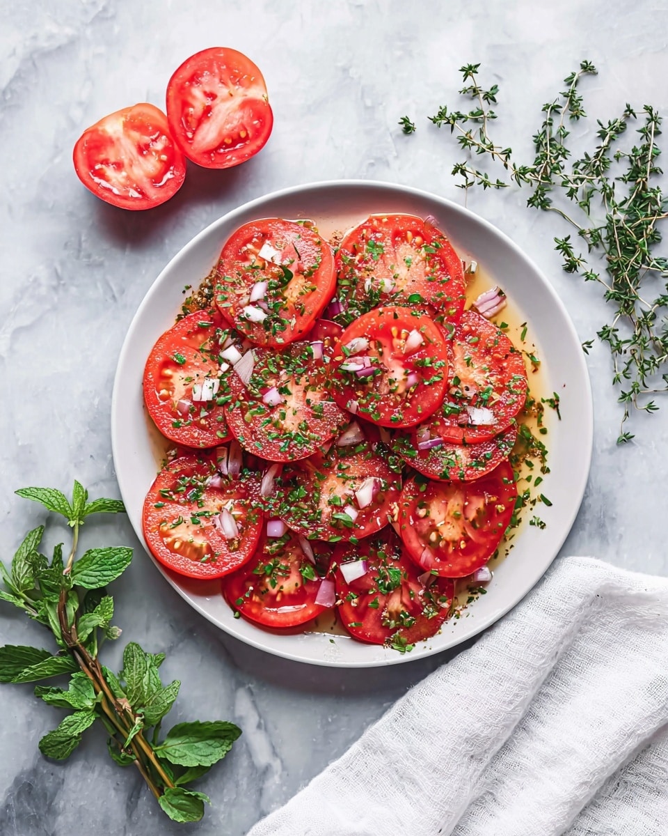 The image shows a white plate filled with one layer of round red tomato slices arranged evenly in a slightly overlapping circle, each slice topped with small pieces of green herbs and finely chopped purple onion mixed with a light dressing, giving a glossy texture. Around the plate, there are two halves of a red tomato placed at the top left and fresh green herb leaves scattered nearby on a white marbled surface. A white cloth is casually placed at the bottom right corner. Photo taken with an iphone --ar 4:5 --v 7