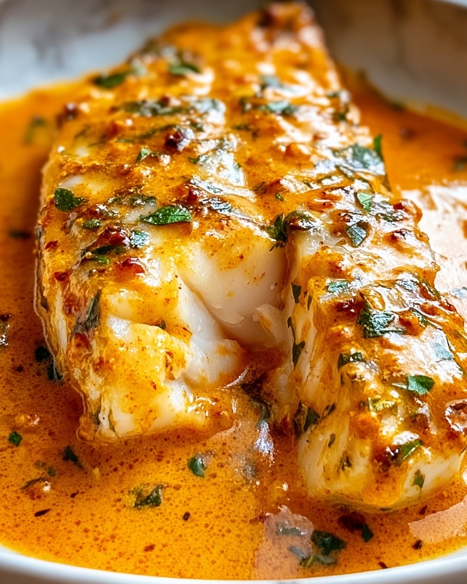 A close-up view of a thick white fish fillet covered in a rich, orange creamy sauce with visible herbs and spices scattered on top. The fish is cut in the middle, showing its flaky white inside. The sauce has a smooth, slightly chunky texture with bits of green herbs and darker seasonings, spreading around the fish in a shallow white bowl with a white marbled texture beneath. Photo taken with an iphone --ar 4:5 --v 7
