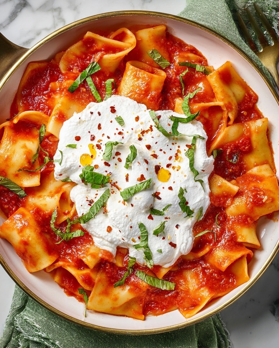 The dish shows several large square ravioli pieces covered in a bright orange-red tomato sauce on a white plate with a blue rim. On top of the ravioli, there is a generous dollop of white creamy ricotta cheese with a smooth and slightly lumpy texture. The ricotta is drizzled with olive oil and sprinkled with red chili flakes. Three small fresh green basil leaves rest on the ricotta. The plate is set on a white marbled surface with a silver fork resting on a light green cloth napkin beside it. Photo taken with an iphone --ar 4:5 --v 7
