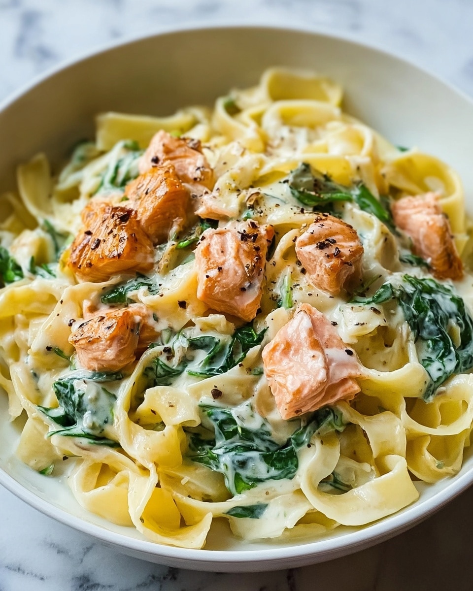 A close-up of a white bowl filled with creamy pasta made of wide fettuccine noodles coated in a smooth, light yellow sauce mixed with wilted dark green spinach leaves. Scattered on top are chunky pieces of cooked salmon with an orange-pink color and slightly crisp edges, sprinkled with coarse black pepper. The bowl sits on a white marbled surface, showing the rich texture of the sauce and the softness of the noodles inside. Photo taken with an iphone --ar 4:5 --v 7