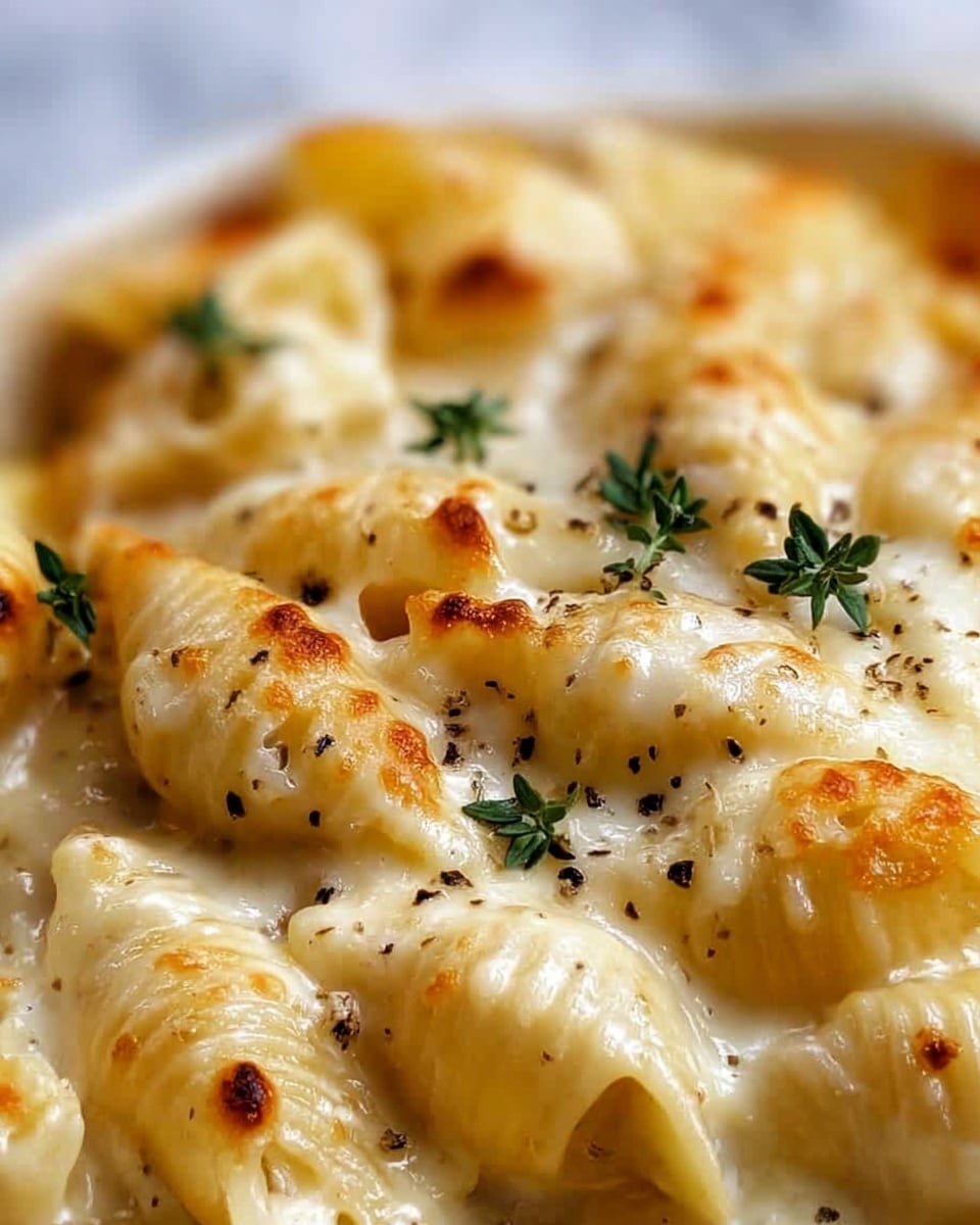 This dish shows a close-up of creamy macaroni and cheese with shell pasta fully coated in a smooth, thick, pale yellow cheese sauce. The pasta is layered thickly, with small browned spots on top from baking. Tiny specks of black pepper and fresh green thyme leaves are scattered over the top, adding color and texture contrast. The photo is focused closely on the creamy, rich, and slightly bubbly surface of the pasta. The background is a white marbled texture. photo taken with an iphone --ar 4:5 --v 7