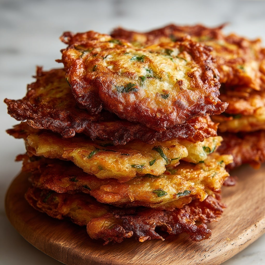 A close-up view of a stack of five golden-brown fritters with crispy, uneven edges, each showing small bits of green herbs or vegetables within the batter. The fritters have a textured surface with some darker spots where they are more cooked. They are arranged on a wooden cutting board with a soft focus on the background, creating a warm and inviting look. The fritters appear thick and fluffy with a slightly oily sheen. photo taken with an iphone --ar 4:5 --v 7