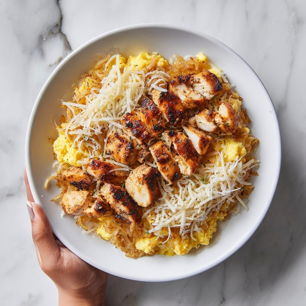 A white bowl holds a layered dish starting with a golden-brown hash brown at the bottom left, topped by bright yellow scrambled eggs with a soft texture. On top of the eggs, there are pieces of grilled chicken with a crispy brown outside and white inside, cut into rectangular chunks. The entire dish is sprinkled with melted white and light orange shredded cheese, lightly covering the chicken and eggs, with a dusting of black pepper throughout. The bowl is held by a woman's hand over a white marbled surface. photo taken with an iphone --ar 4:5 --v 7