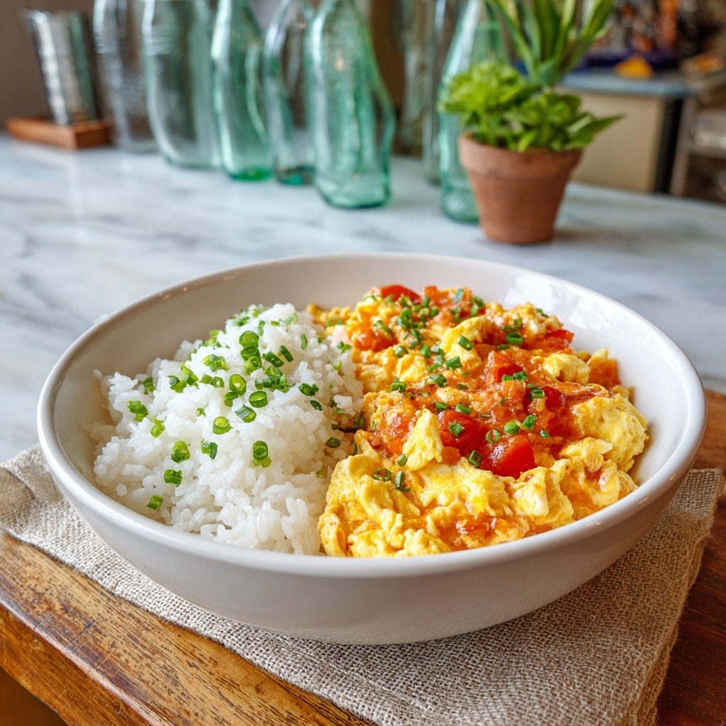 A white bowl filled halfway with fluffy white rice as the base layer, topped with golden-yellow scrambled eggs mixed with bright red tomato pieces that look soft and juicy, garnished with small chopped green onions scattered across the egg layer. The bowl sits on a white marbled surface with a beige cloth around it and a gold spoon in the background near some green-striped leaves. The lighting is natural and soft, highlighting the colors and textures of the dish. photo taken with an iphone --ar 4:5 --v 7