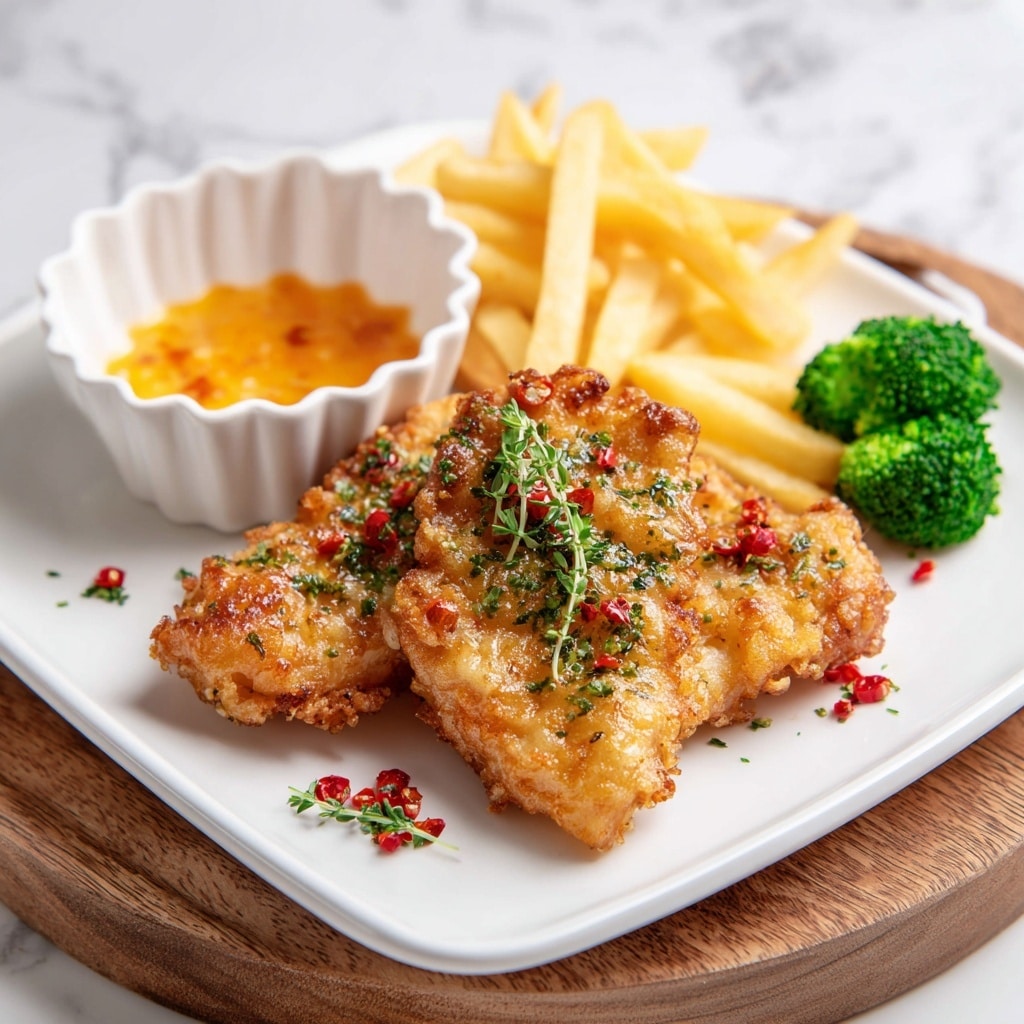 Two pieces of golden brown fried chicken are placed overlapping in the center of a white square plate, garnished with small green herb leaves and scattered red chili flakes. Above the chicken, there is a small pile of light yellow French fries with a slightly crispy texture. To the left side of the plate, a white scalloped bowl contains orange dipping sauce. On the top right and bottom right of the plate, there are fresh green broccoli florets. The plate sits on a round wooden board with a white marbled background visible around the edges. photo taken with an iphone --ar 4:5 --v 7