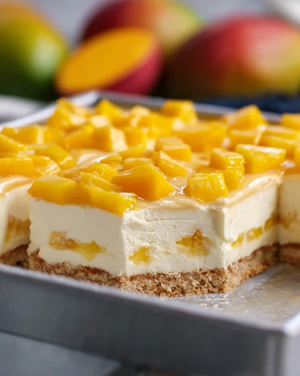 A slice of layered dessert sits on a gray metal tray, showing four clear layers: a light brown crust at the bottom, a thick creamy yellow custard layer above it, a thick white creamy layer next, and finally, a topping of bright orange mango chunks and sauce. The background has some blurred mangoes. The dessert’s texture looks smooth and soft with juicy fruit pieces on top. photo taken with an iphone --ar 4:5 --v 7
