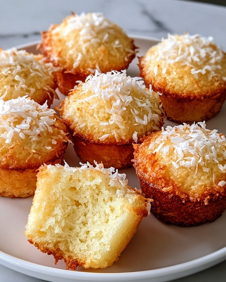 The image shows several small golden-brown coconut cupcakes arranged on a white plate. Each cupcake has a slightly crispy, toasted coconut layer on top with white shredded coconut sprinkled over it. The cupcake in the front is broken in half, revealing a soft, fluffy, light yellow crumb inside. The cupcakes sit in shiny silver liners with a delicate paper ruffle edge. The surface beneath the plate is a white marbled texture. photo taken with an iphone --ar 4:5 --v 7