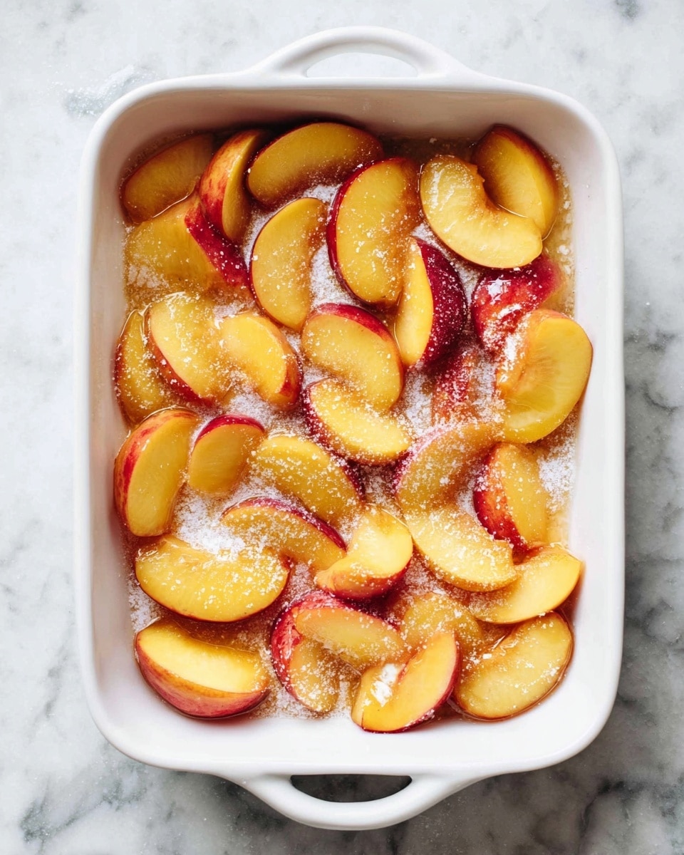 A small white bowl held by a woman's hand contains a serving of peach cobbler topped with a scoop of white vanilla ice cream on the left side. The peach cobbler has three visible layers: a glossy orange-yellow cooked peach layer on the right, a golden brown crumbly baked crust layer in the middle, and a soft, light beige sauce layer beneath. A silver spoon rests inside the bowl on the right edge, partially submerged in the peaches and crust. The background is a white marbled texture. Photo taken with an iphone --ar 4:5 --v 7