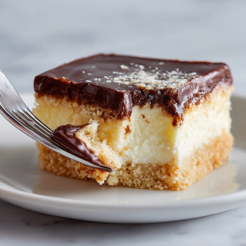 A close-up photo of a square dessert piece on a white plate with a white marbled texture background, showing three clear layers: the bottom layer is golden brown and crumbly, the middle layer is a smooth, creamy pale yellow, and the top layer is a thick, glossy dark chocolate. A bite is taken from the dessert, revealing the soft, moist texture inside, with a fork holding a piece of cake dipped in the chocolate layer. The lighting highlights the shine of the chocolate and the softness of the creamy middle layer. photo taken with an iphone --ar 4:5 --v 7