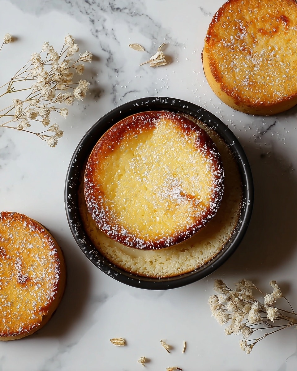 The image shows a black round dish holding a dessert with two layers: the bottom layer is light beige with a crumbly texture, while the top layer is a smaller round piece that is golden brown with a slightly caramelized edge and a sprinkle of powdered sugar. Around the dish on a white marbled surface, there are three similar round baked treats with a golden color and powdered sugar on top, along with several small dried white flowers scattered around. Photo taken with an iphone --ar 4:5 --v 7