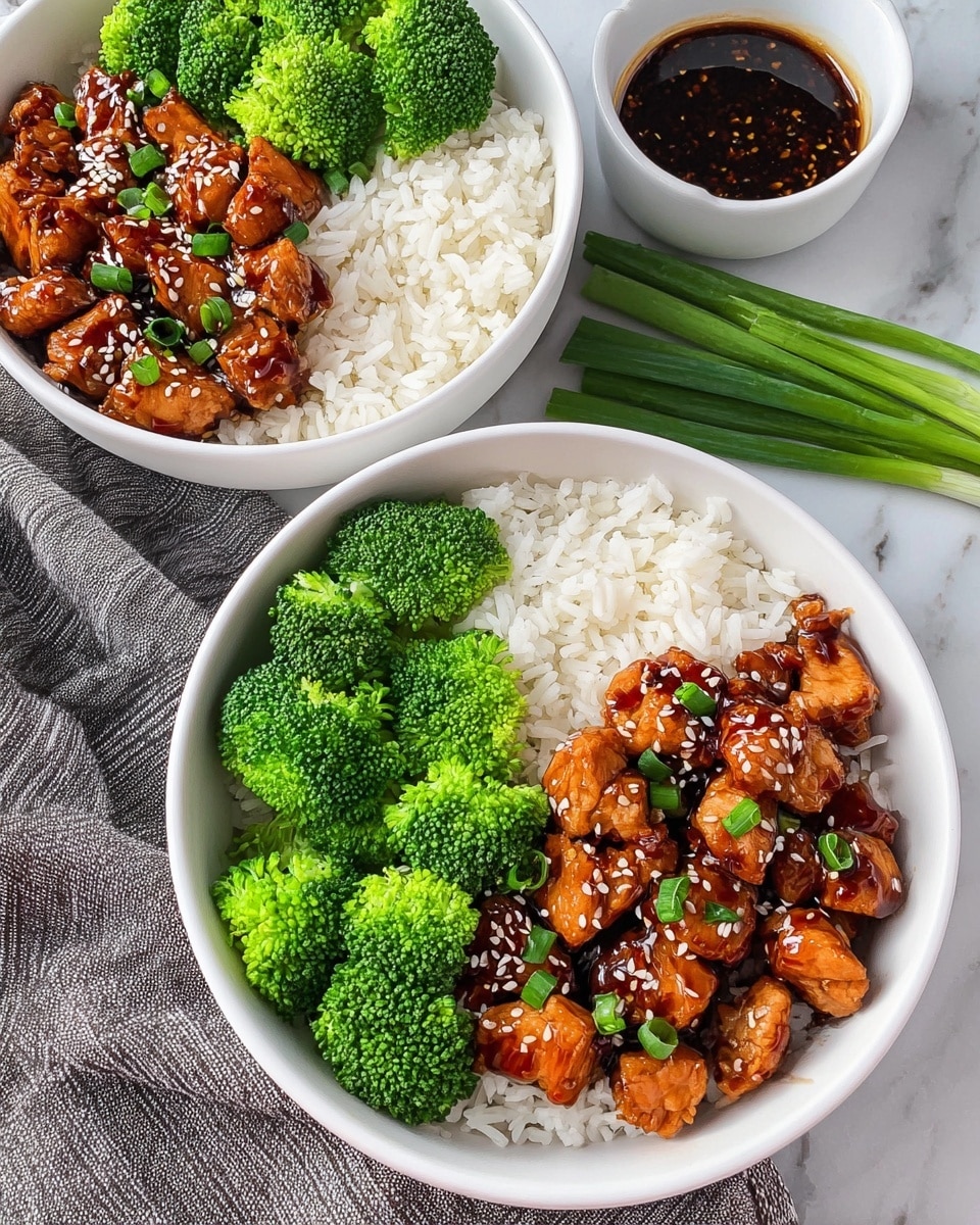 Two white bowls sit on a white marbled surface with a striped cloth. Each bowl has a base layer of white rice, topped on one side with bright green broccoli florets that have a fresh, slightly textured look. On the other side, there are chunks of glazed chicken coated in a shiny brown sauce with a few sesame seeds sprinkled on top. Small green onion pieces add a slight pop of color on the chicken. In the background, there's a white bowl filled with a dark brown sauce and some green onions beside it. photo taken with an iphone --ar 4:5 --v 7