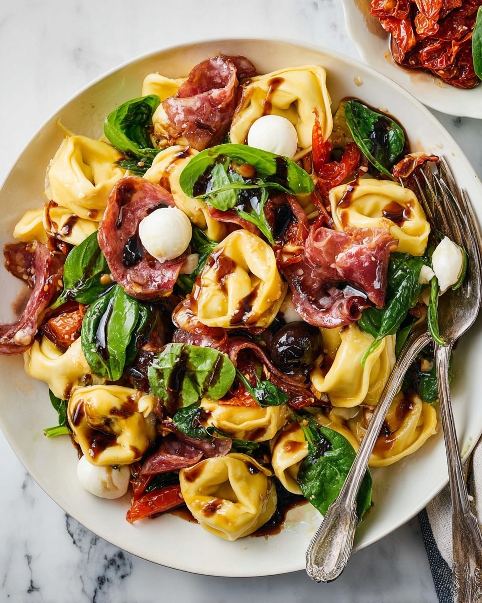 A white bowl filled with three layers of colorful ingredients starting from the bottom with creamy yellow tortellini pasta, followed by a layer of bright green fresh spinach leaves and basil, and topped with folded slices of reddish-brown salami, small white mozzarella balls, black olive slices, and sun-dried tomatoes. A glossy dark brown balsamic glaze is drizzled over the entire dish. The bowl sits on a white marbled surface with some scattered green basil leaves and a white cloth nearby. Photo taken with an iphone --ar 4:5 --v 7