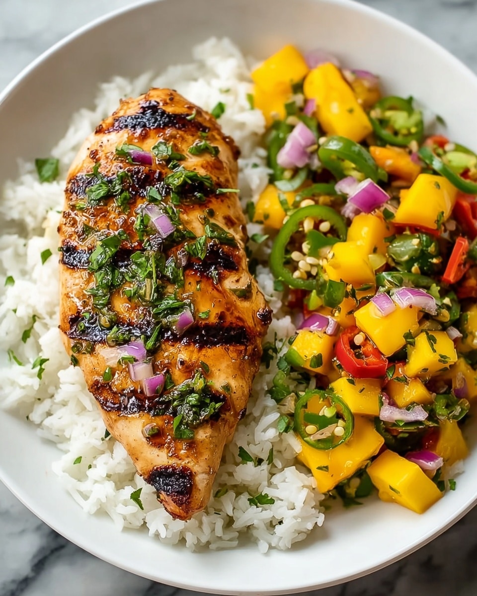 A white plate holds a grilled chicken breast with dark, clear grill marks and a golden brown, slightly charred texture, topped with scattered green herbs and small pieces of purple onion. Under the chicken is a layer of white rice that looks soft and fluffy. Next to the chicken, on the right side of the plate, is a colorful mango salsa made of diced yellow mango, green slices of jalapeño, red bell pepper, red onion, and bits of fresh green herbs. The plate is set on a white marbled surface. photo taken with an iphone --ar 4:5 --v 7